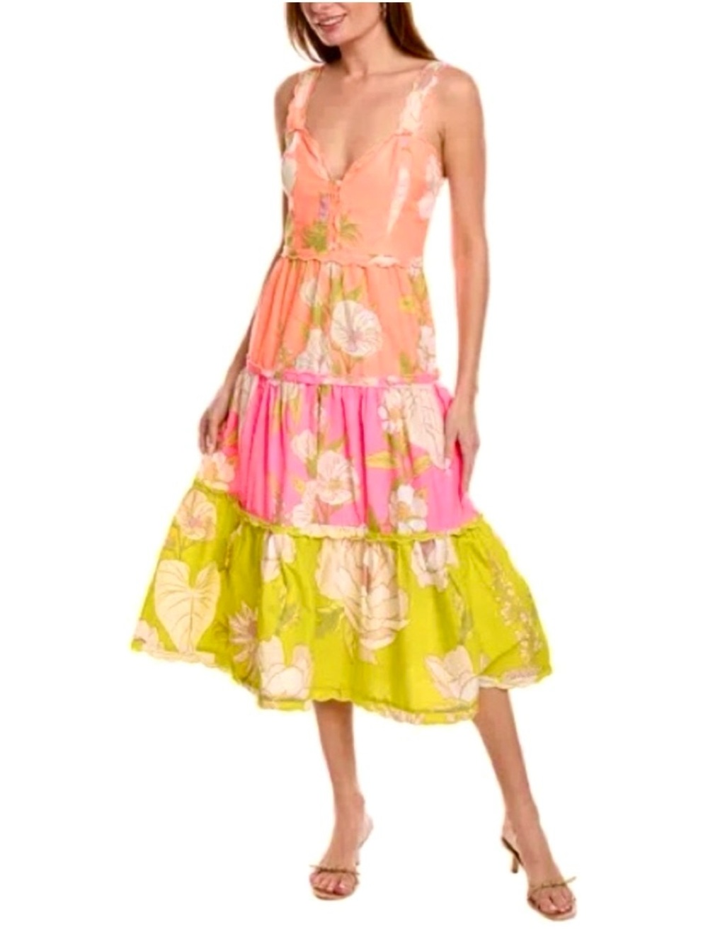 NWT FARM RIO Coral Pink Lime Neon Garden Tiered Cotton Floral Midi Dress, Size L